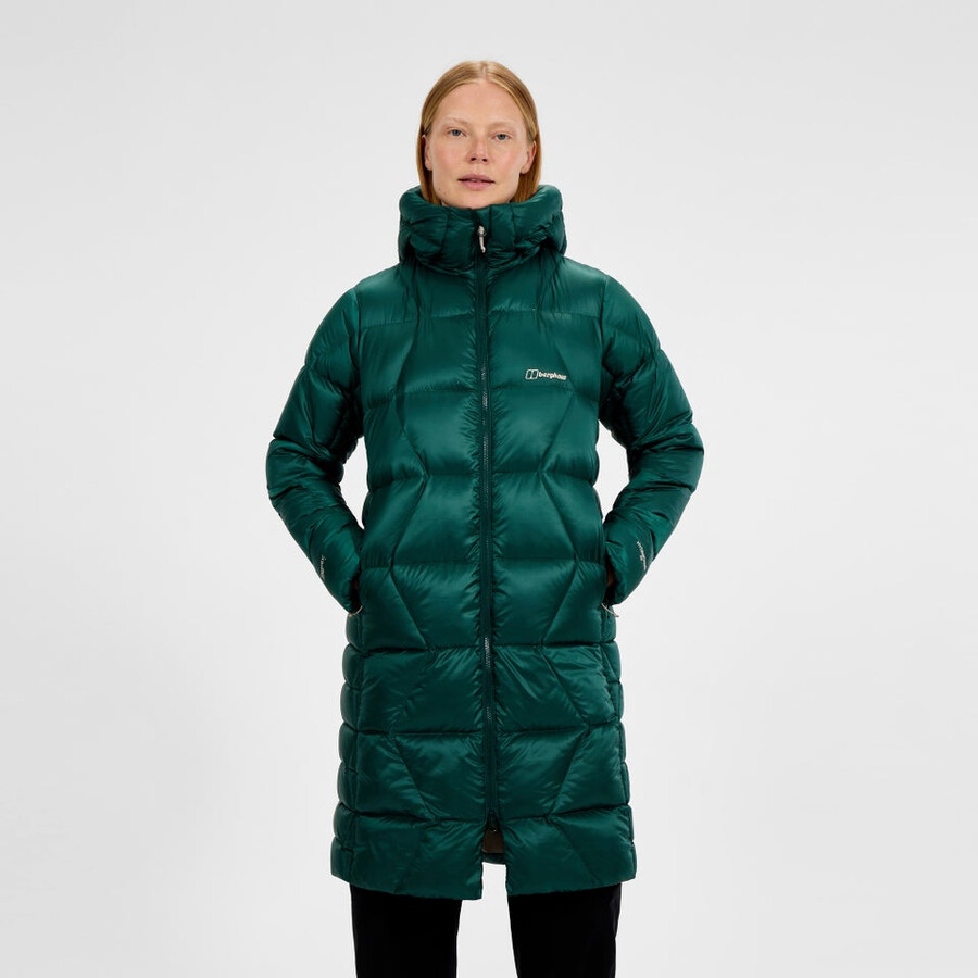 womens explorer long down jacket - green berghaus