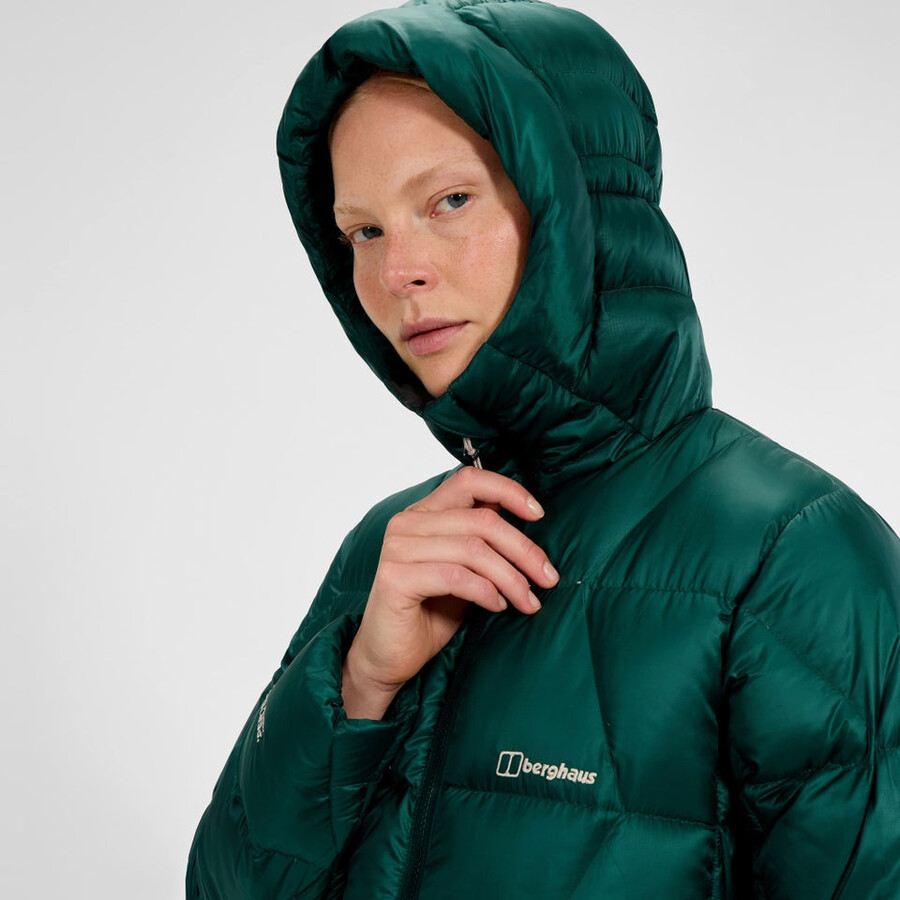 womens explorer long down jacket - green berghaus